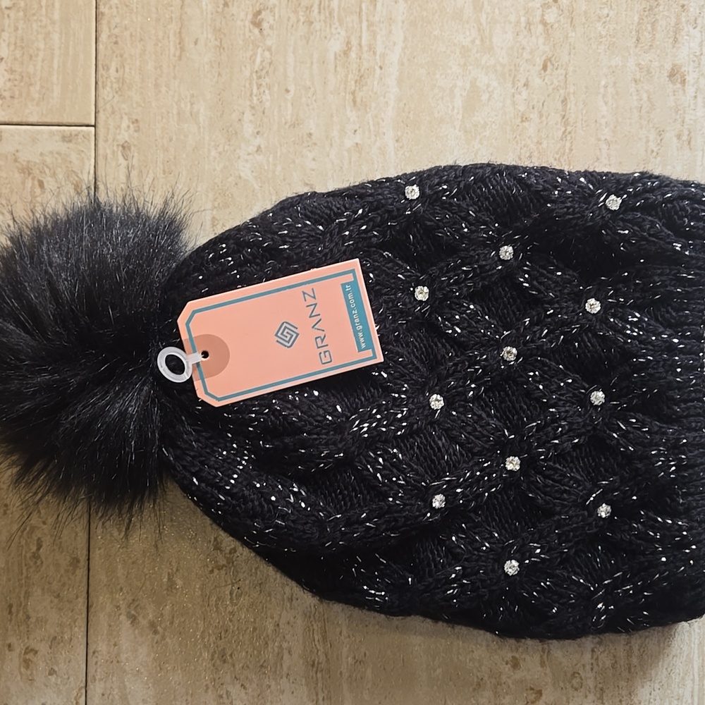 New Granz Black Knit Pom Pom Beanie with Rhinestone Accents